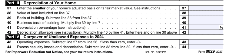 An image showing Parts 3 and 4 of IRS Form 8829