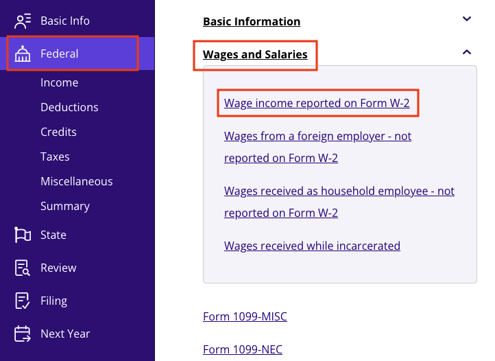 A screenshot of where to report Form W-2 in TaxAct