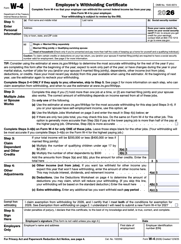 IRS Form W-4 for tax year 2026