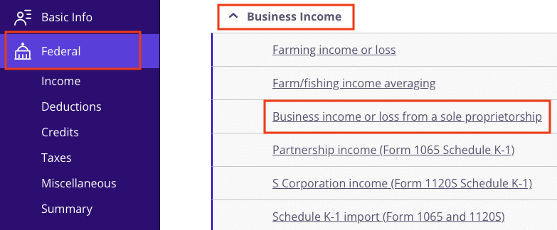 A screenshot of where to enter Schedule C gig work income and expenses in TaxAct