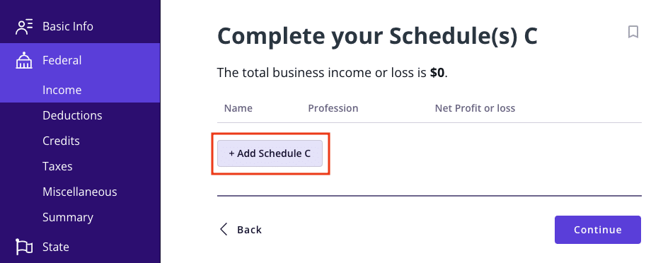A screenshot of where to add or edit a Schedule C in TaxAct
