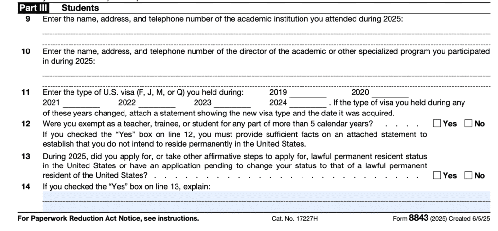 A screenshot of the Part III: Students section of Form 8843