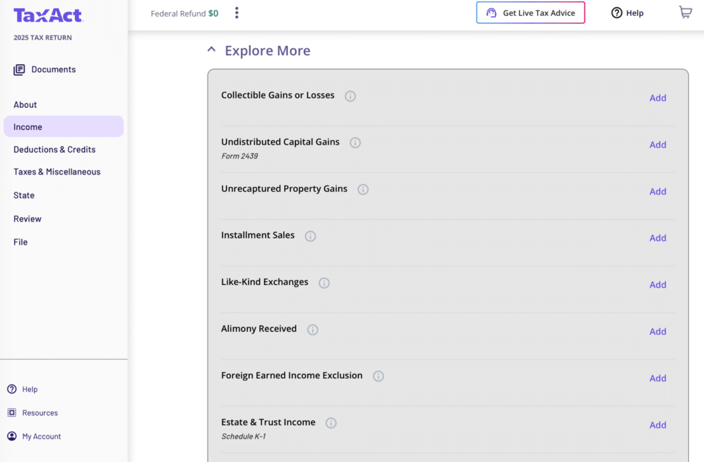 A screenshot of inside the TaxAct platform showing how to add a Form 1120-S Schedule K-1 form