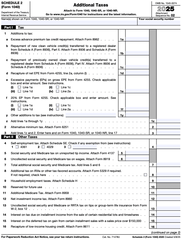 IRS Schedule 2 (Form 1040) page 1