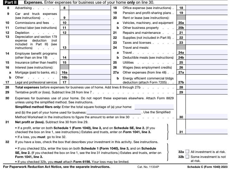 An image showing Part 2 of Schedule C (Form 1040) where you would enter home office expenses