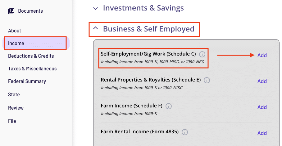 A screenshot showing where to find Schedule C in TaxAct software