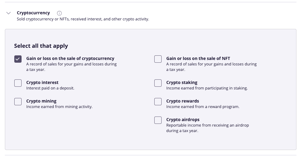 A screenshot of TaxAct's software showing where to report crypto income