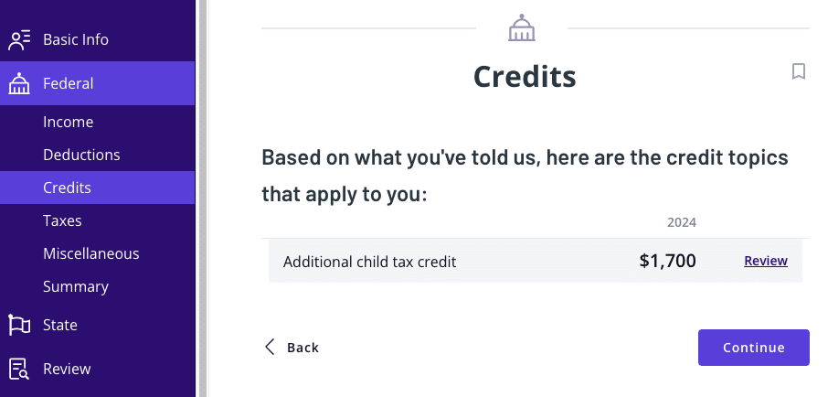 A screenshot showing where to find the Additional Child Tax Credit in TaxAct