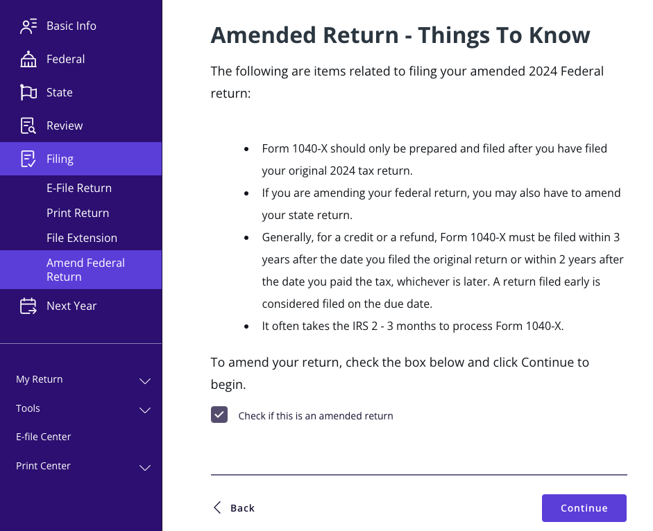 A screenshot showing how to indicate you are filing an amended return in TaxAct