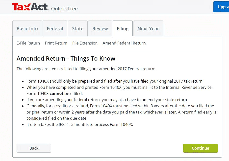 A screenshot of 'Amend Federal Return' under the 'Filing Tab' in TaxAct software