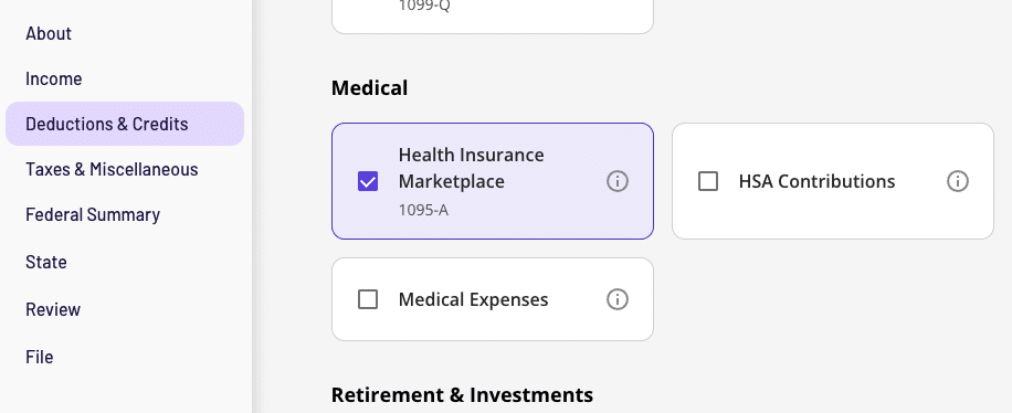 TaxAct Deductions & Credits screen with Health Insurance Marketplace (1095-A) selected under Medical.