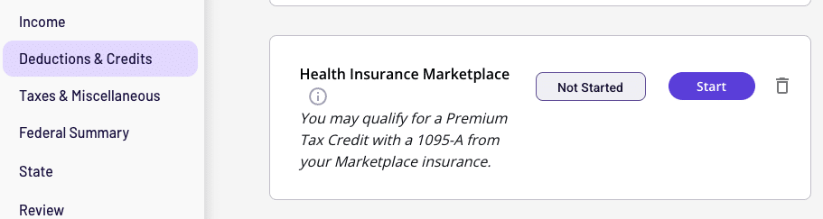 TaxAct Health Insurance Marketplace section showing a Not Started status and Start button for entering Form 1095-A.