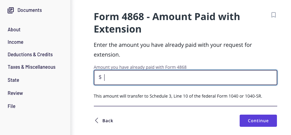 A screenshot showing how to enter the amount of tax you already paid with your extension in TaxAct's software