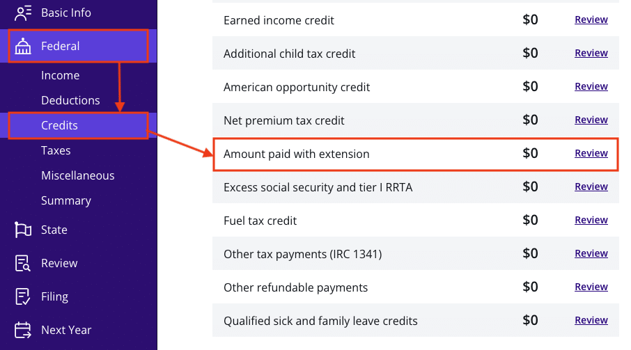 A screenshot showing where to indicate you previsouly filed an extension request in TaxAct's software