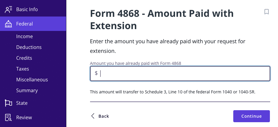A screenshot showing how to enter the amount of tax you already paid with your extension in TaxAct's software