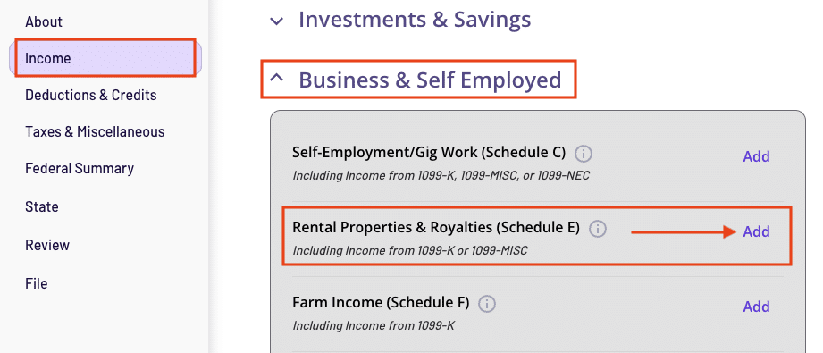A screenshow of where to find Schedule E in the TaxAct program