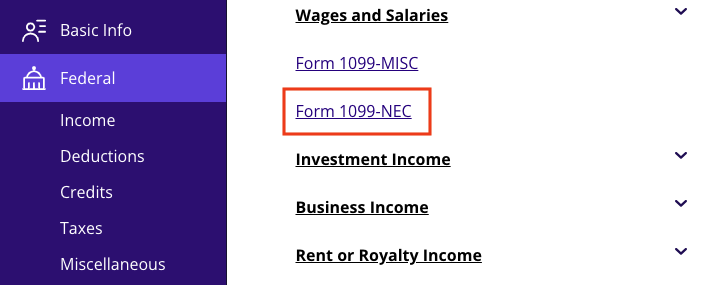 A screenshot of where to begin reporting your rideshare driver income in TaxAct
