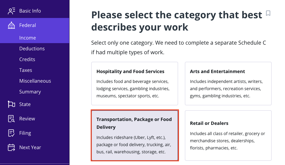 A screenshot of where to select that you were a rideshare driver in TaxAct
