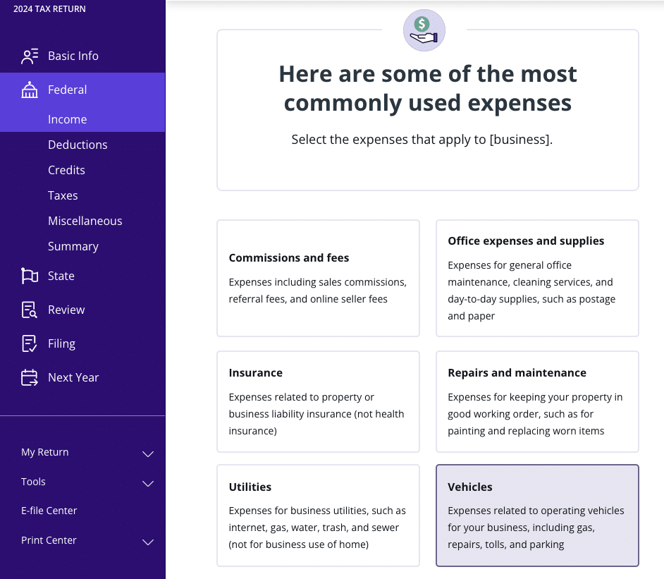 A screenshot showing how to select your vehicle as a business expenses in TaxAct